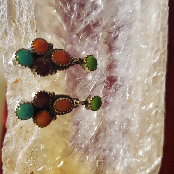 Vintage Handcrafted Signed Navaho Silver Multi Stone Post Earrings - Picture 10 of 12